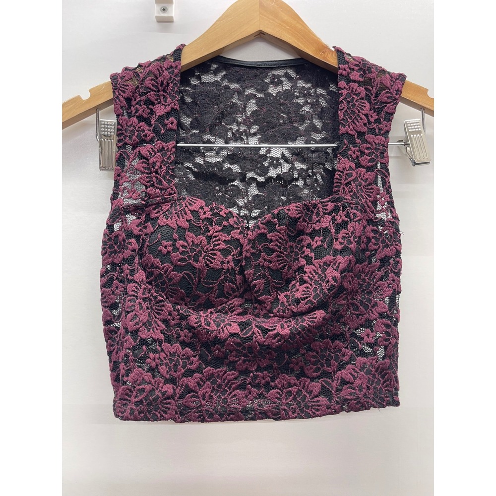 Burgundy Black Floral Lace Sleeveless Crop Top Sweetheart Neck Gothic Romantic